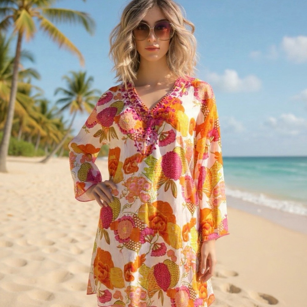 NWOT Rima Beach Wear Floral V-Neck Tunic Dress with sequins details. Size S/M
